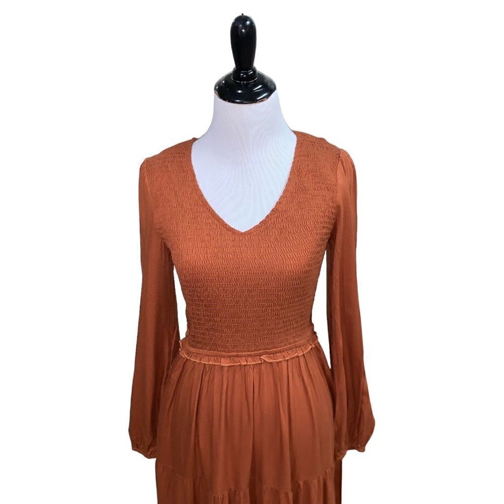 MEROKEETY Women's S Small Boho Midi Dress Long Sleeve V-Neck High Waist Tiered - Picture 2 of 8